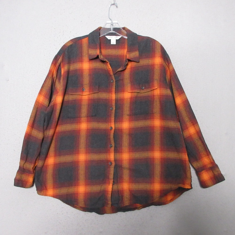 Old Navy The Boyfriend Shirt Women Large‎ Orange Black Plaid Flannel Swiftie